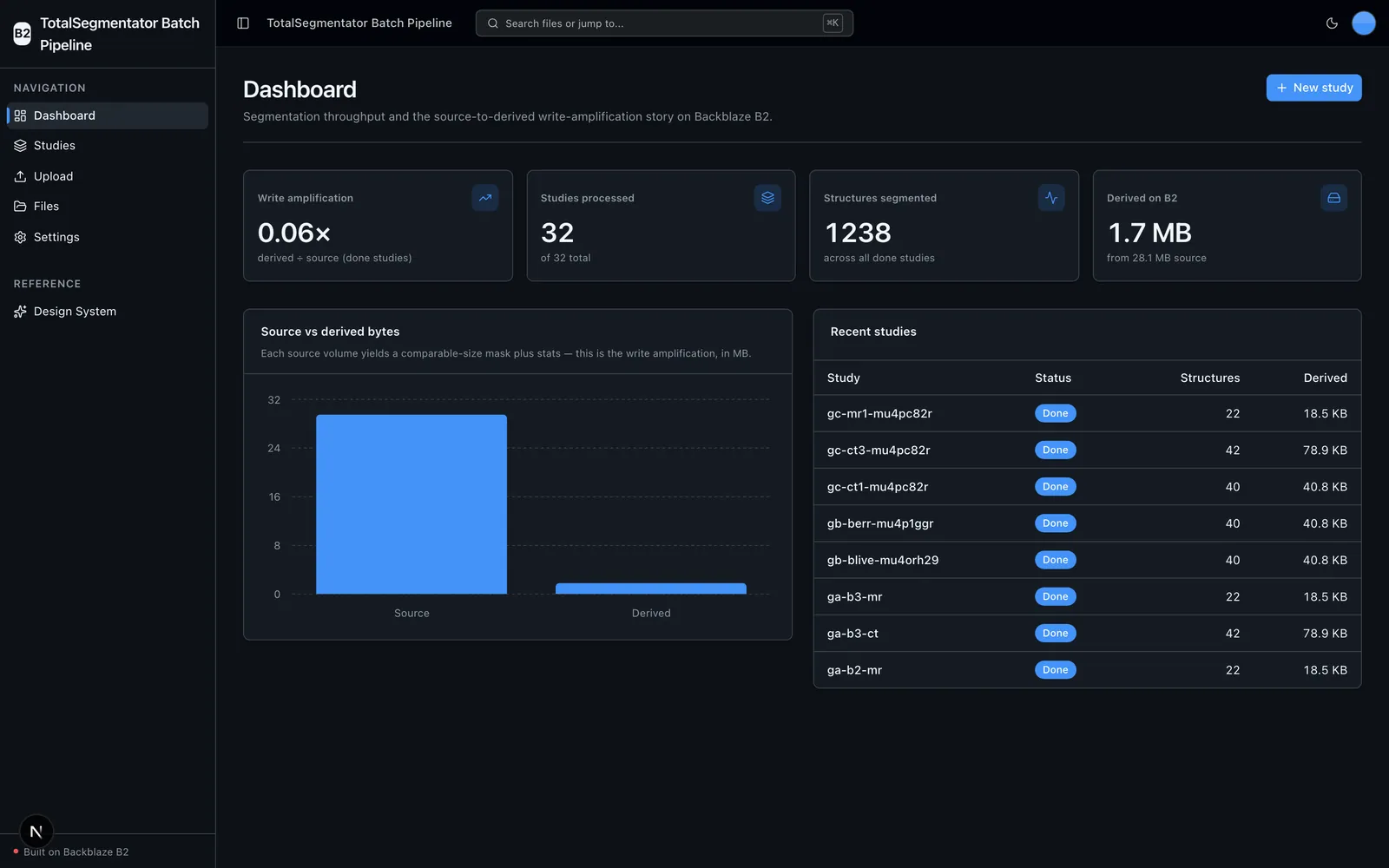 Dashboard with write amplification, studies processed, structures segmented and a source vs derived bytes chart