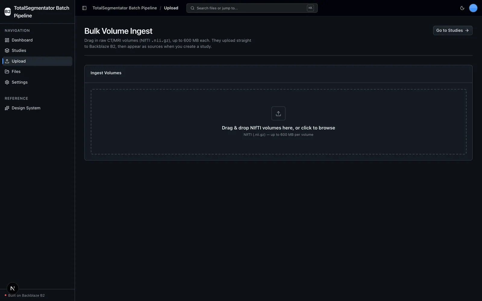 Bulk volume ingest page with a drag-and-drop area for NIfTI volumes